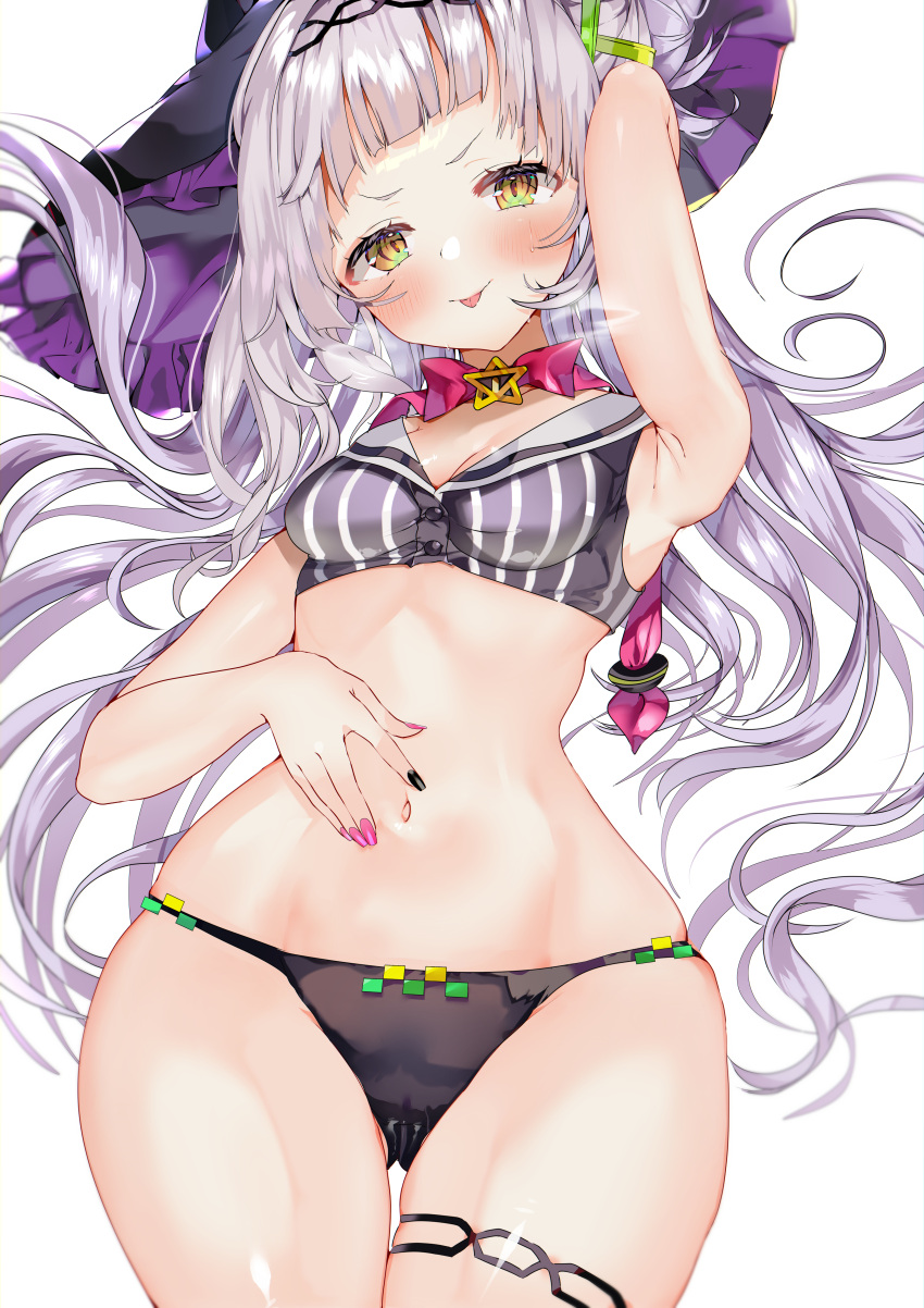 1girl, :p, absurdres, arm_up, black_headwear, black_nails, black_panties, black_shirt