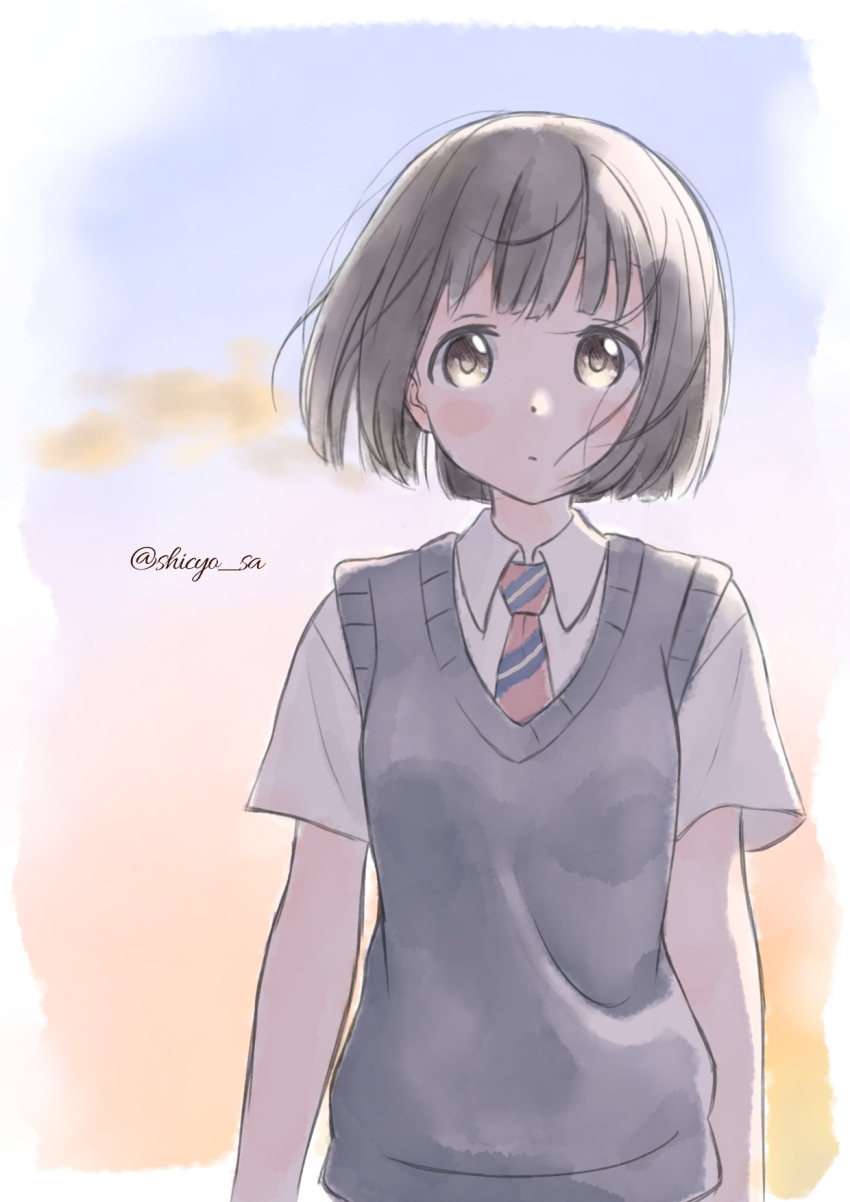 1girl, artist_name, backlighting, blush_stickers, bob_cut, brown_eyes, brown_hair, evening