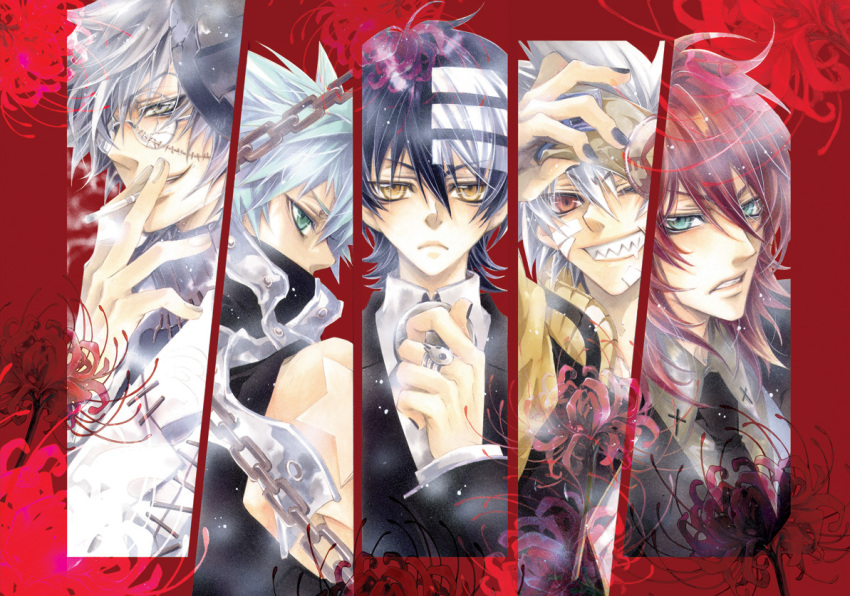 aqua_eyes, black_star, column_lineup, death_scythe_(spirit), death_the_kid, dr_franken_stein, flower, glasses