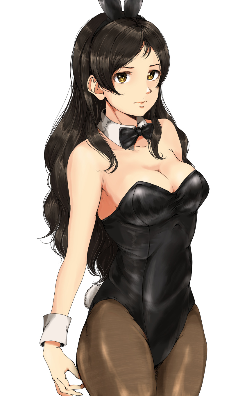 1girl, absurdres, animal_ears, black_legwear, black_leotard, brown_eyes, brown_hair, bunny_tail