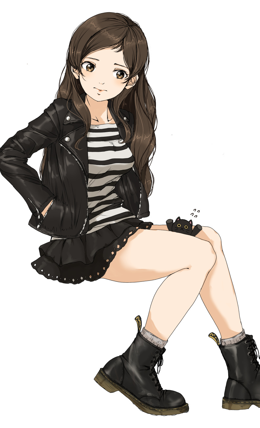 1girl, absurdres, bangs, black_footwear, black_jacket, breasts, brown_eyes, brown_hair