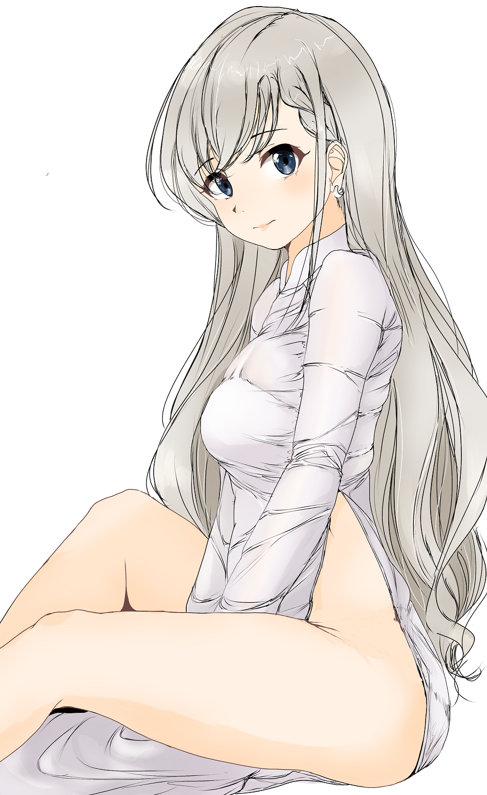 1girl, blue_eyes, bottomless, braid, braided_bangs, breasts, collared_shirt, earrings