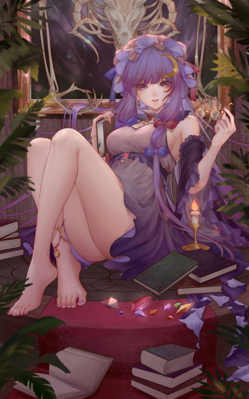 1girl, absurdres, bangs, bare_legs, barefoot, bone, book, breasts