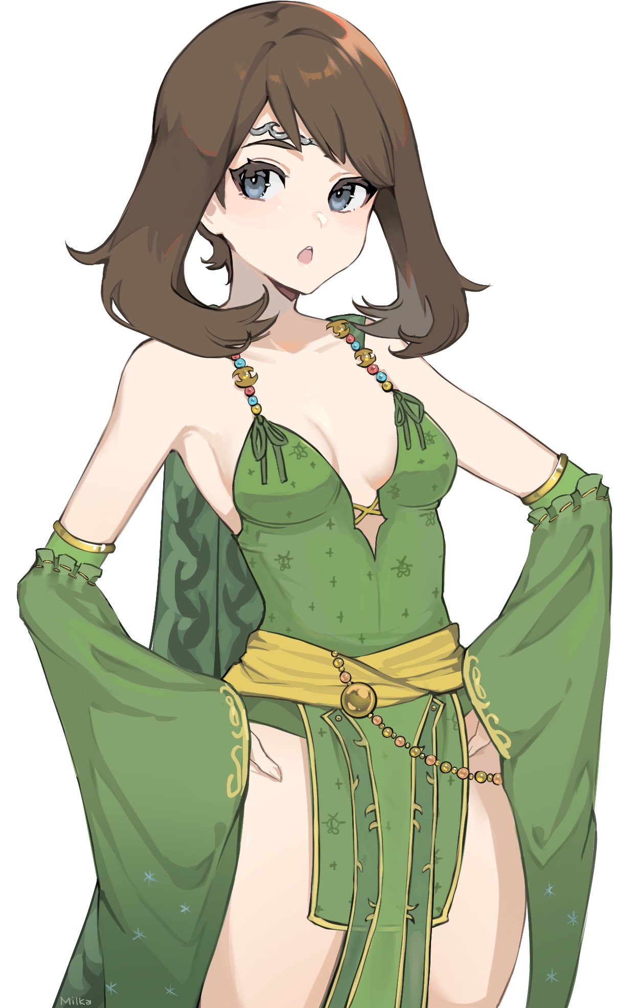1girl, :o, armpits, bare_shoulders, blue_eyes, breasts, brown_hair, cosplay