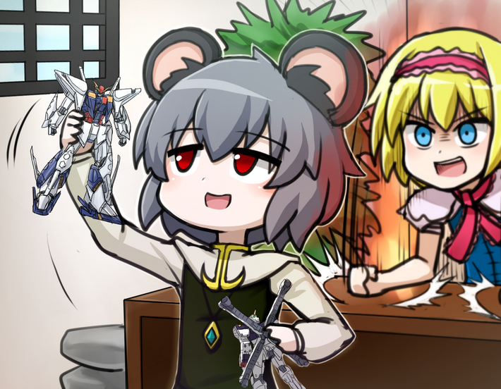 2girls, :d, action_figure, alice_margatroid, angry, animal_ear_fluff, blonde_hair, blue_eyes