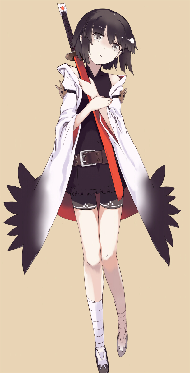 bandage, bare_shoulders, belt, bike_shorts, black_hair, cloak, grey_eyes, highres