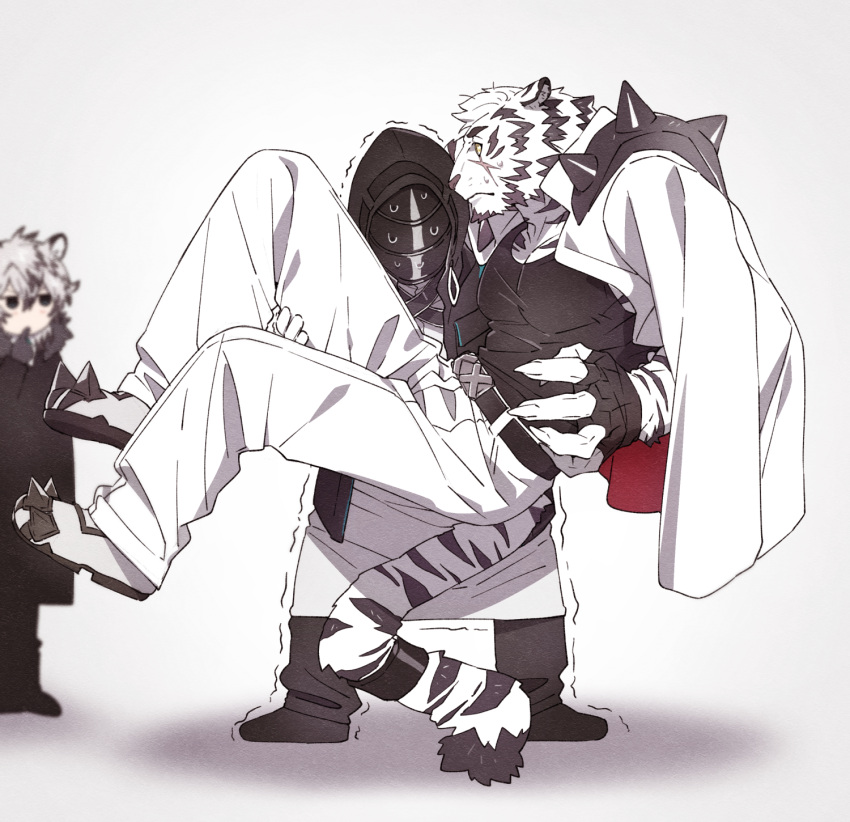 1other, 2boys, ambiguous_gender, animal_ears, arknights, black_tank_top, carrying, doctor_(arknights)