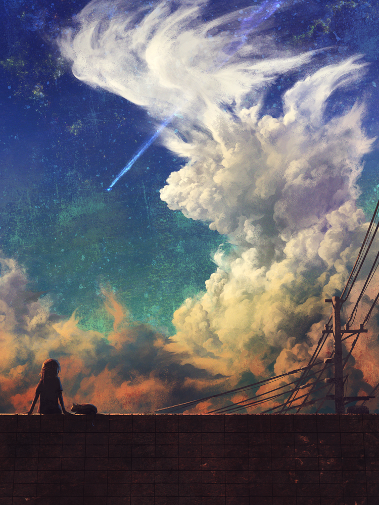 ambiguous_gender, arm_support, brick_wall, cable, cat, clouds, cloudy_sky, from_behind