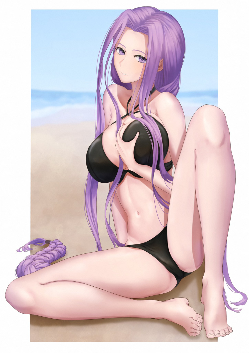 1girl, alternate_costume, bare_legs, bare_shoulders, barefoot, bikini, black_bikini, breast_grab