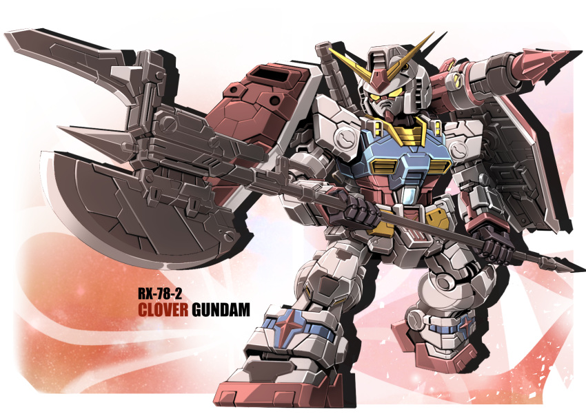 axe, chibi, gundam, highres, holding, holding_axe, looking_ahead, mecha
