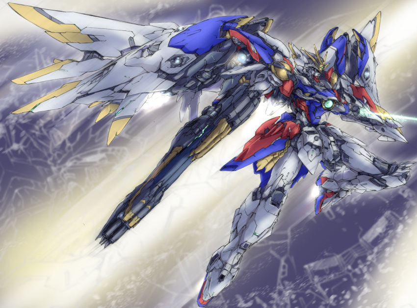 beam_rifle, beam_saber, eiji_(tfkn2723), energy_gun, flying, green_eyes, gun, gundam