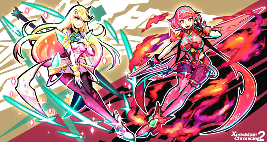 2girls, aegis_sword_(xenoblade), bangs, bare_shoulders, black_gloves, blonde_hair, breasts, chest_jewel, dress, earrings, elbow_gloves, fingerless_gloves, gloves, highres, jewelry, large_breasts, long_hair, mythra_(massive_melee)_(xenoblade), mythra_(xenoblade), pyra_(xenoblade), quas-quas, red_eyes, red_legwear, red_shorts, redhead, short_dress, short_hair, short_shorts, shorts, super_smash_bros., swept_bangs, sword, thigh-highs, thigh_strap, tiara, very_long_hair, weapon, white_dress, white_footwear, white_gloves, xenoblade_chronicles_(series), xenoblade_chronicles_2, yellow_eyes