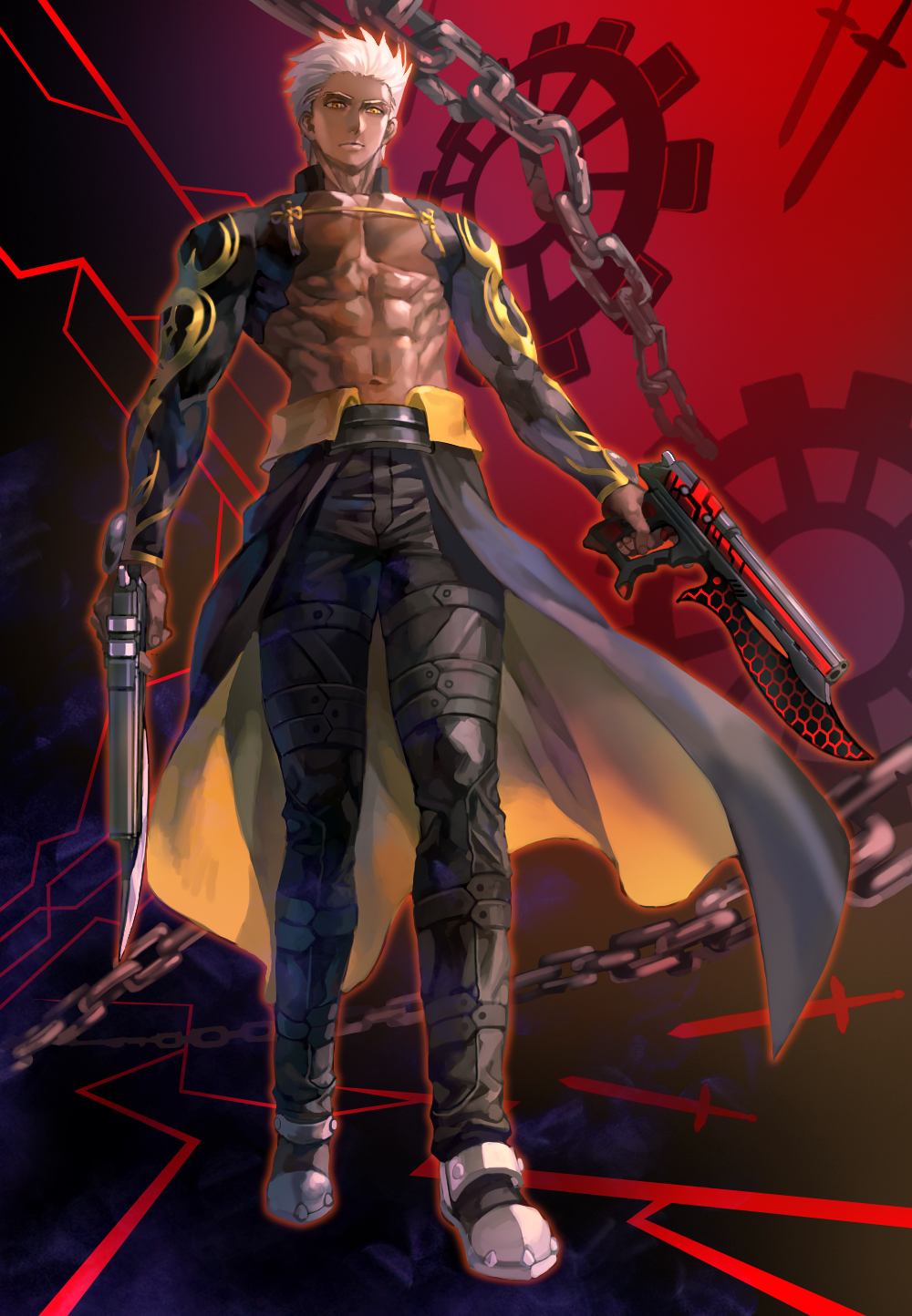 1boy, abs, alternate_hairstyle, black_pants, chain, dark_skin, dual_wielding, emiya_alter