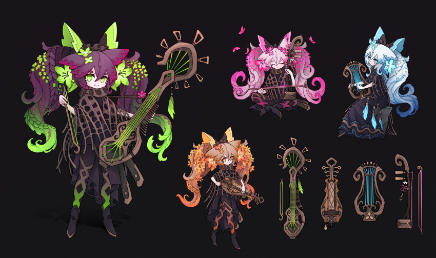 1girl, absurdres, alexis_pflaum, animal_ears, bard, black_background, bow_(instrument), bug