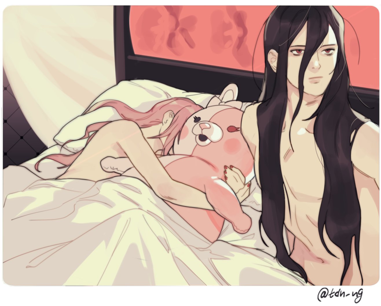 1boy, 1girl, 500_dollar_four_foot_tall_mareep, bangs, black_hair, collarbone, dangan_ronpa:_trigger_happy_havoc, dangan_ronpa_(series), dangan_ronpa_2:_goodbye_despair, enoshima_junko, hair_between_eyes, kamukura_izuru, long_hair, lying, monomi_(dangan_ronpa), nail_polish, navel, on_bed, on_side, pink_hair, red_eyes, red_nails, rei_(tdn_ng), shirtless, signature, sitting, stuffed_animal, stuffed_bunny, stuffed_toy