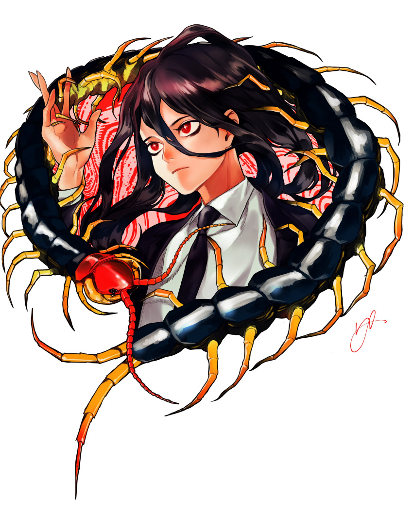 1boy, absurdres, animal, bangs, black_hair, black_jacket, black_neckwear, bug