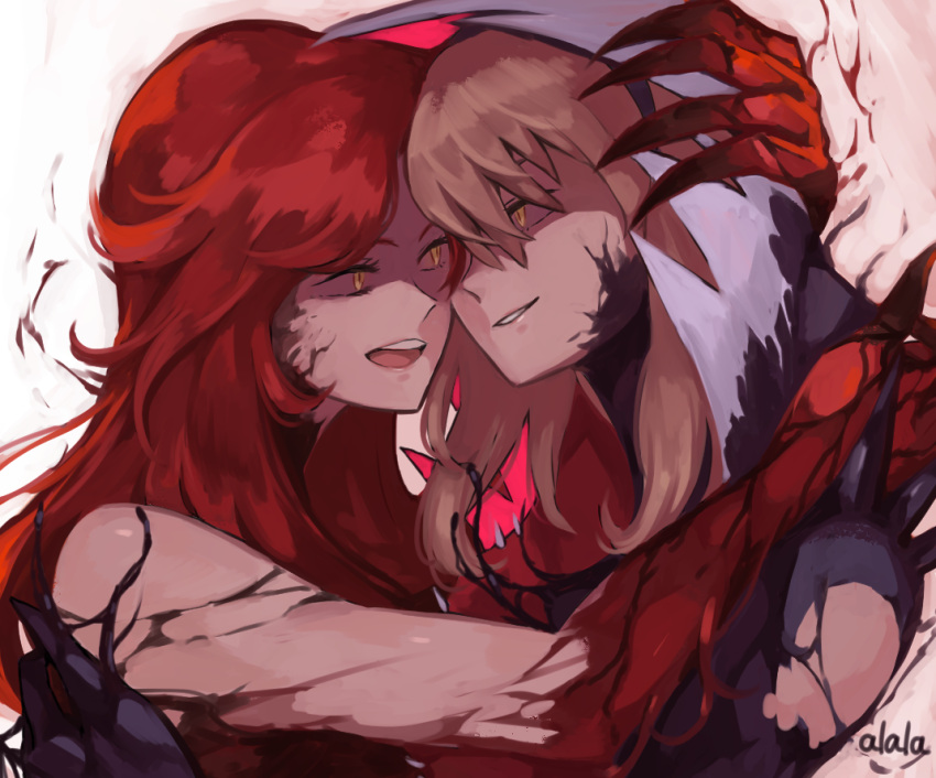 2girls, artist_name, bangs, blonde_hair, carnage_(marvel), dark_persona, eyebrows_behind_hair, gwen_stacy