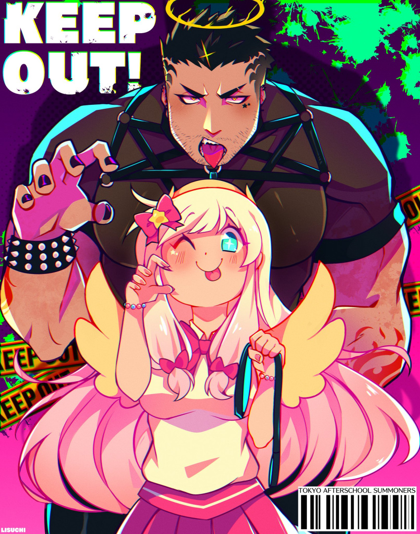 1boy, 1girl, :p, alternate_costume, black_bodysuit, black_shirt, bodysuit, breasts