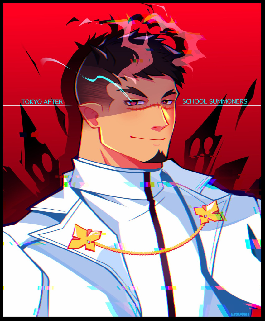 1boy, black_hair, facial_hair, glowing, glowing_eye, goatee, highres, horns