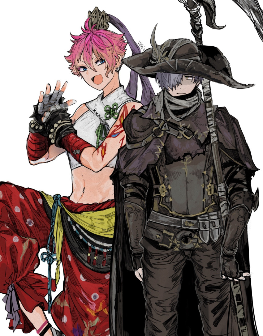 1boy, 1girl, belt, cloak, final_fantasy, final_fantasy_xiv, finger_wrap, fingerless_gloves