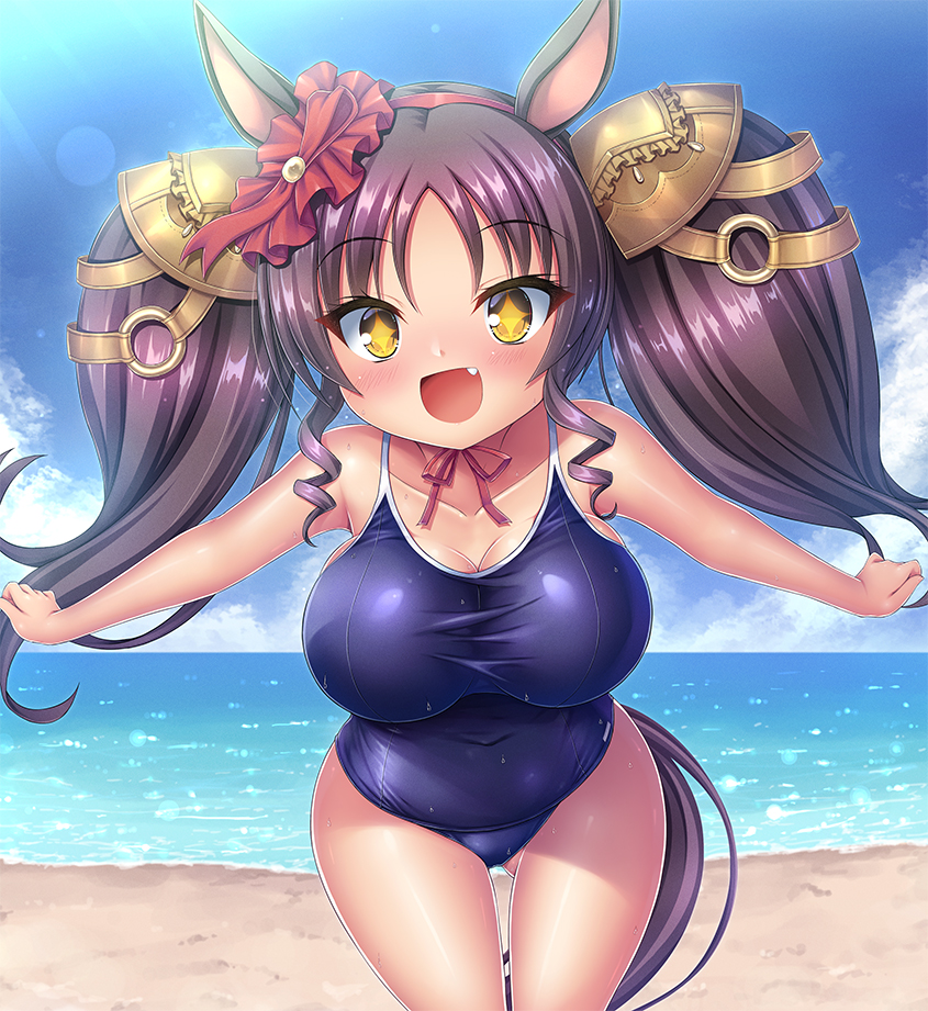 +_+, 1girl, :d, animal_ears, ass_visible_through_thighs, bangs, black_hair, blue_swimsuit
