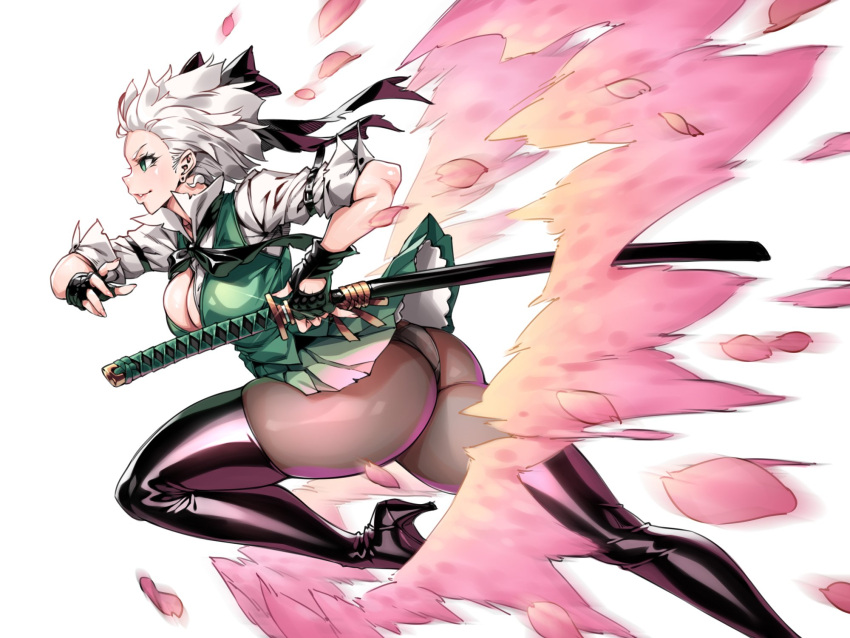 1girl, ass, boots, breasts, dashing, green_eyes, highres, katana
