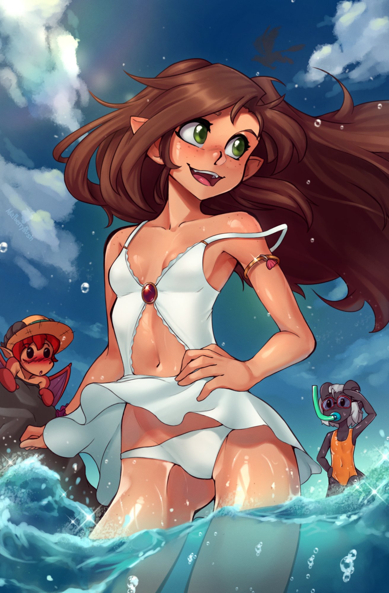 3girls, armlet, ass_visible_through_thighs, black_skin, blush, breasts, brown_hair, center_opening, colored_skin, dark-skinned_female, dark_skin, day, diving_mask, draenei, facing_viewer, freckles, full-face_blush, goggles, green_eyes, hat, highres, horns, long_hair, looking_at_another, malberrybush, multiple_girls, navel, one-piece_swimsuit, open_mouth, original, outdoors, pointy_ears, redhead, small_breasts, snorkel, snorkel_in_mouth, solo_focus, standing, swimsuit, water, wings