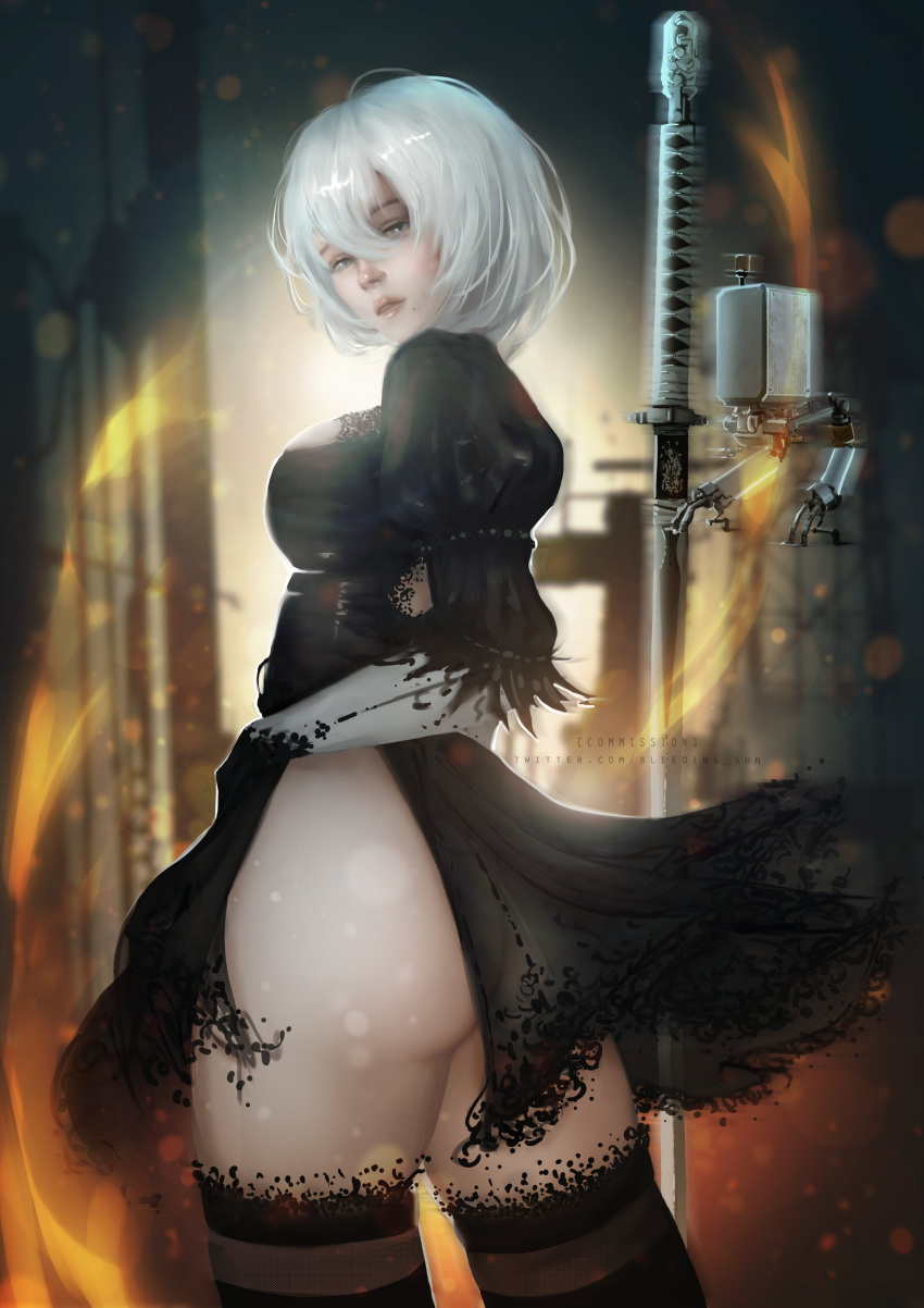 1girl, absurdres, ass, bleeding_sun, breasts, dress, grey_eyes, hair_between_eyes