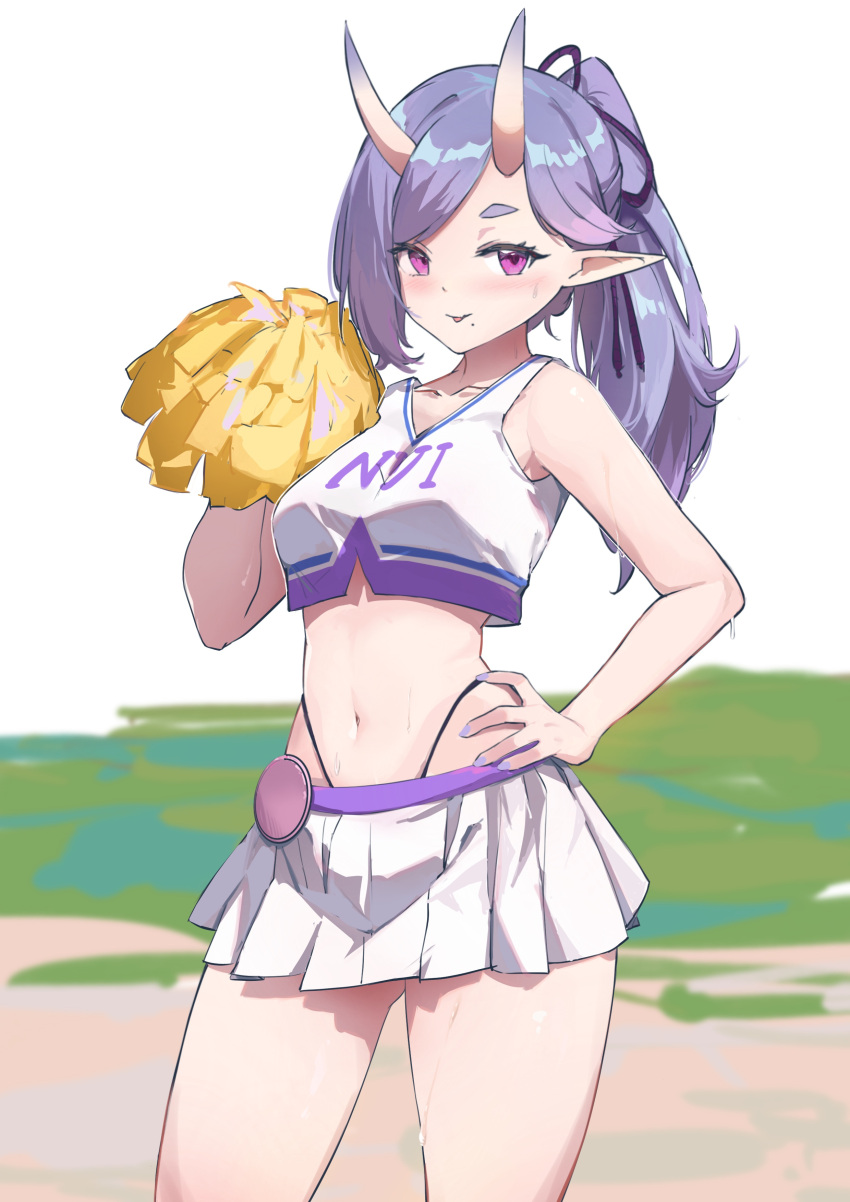 1girl, :p, absurdres, ambulocetus, bare_arms, bare_shoulders, blush, cheerleader, cowboy_shot, crop_top, g-string, hair_ribbon, hand_on_hip, high_ponytail, highleg, highleg_panties, highres, hikimayu, horns, looking_at_viewer, lowleg, lowleg_skirt, microskirt, midriff, mole, mole_under_mouth, navel, nijisanji, oni, oni_horns, panties, pleated_skirt, pointy_ears, pom_poms, ribbon, rindou_mikoto, shirt, short_eyebrows, skin-covered_horns, skirt, solo, sweat, tank_top, thick_eyebrows, thick_thighs, thighs, thong, tongue, tongue_out, underwear, violet_eyes, virtual_youtuber, white_shirt, white_tank_top, yellow_pom_poms