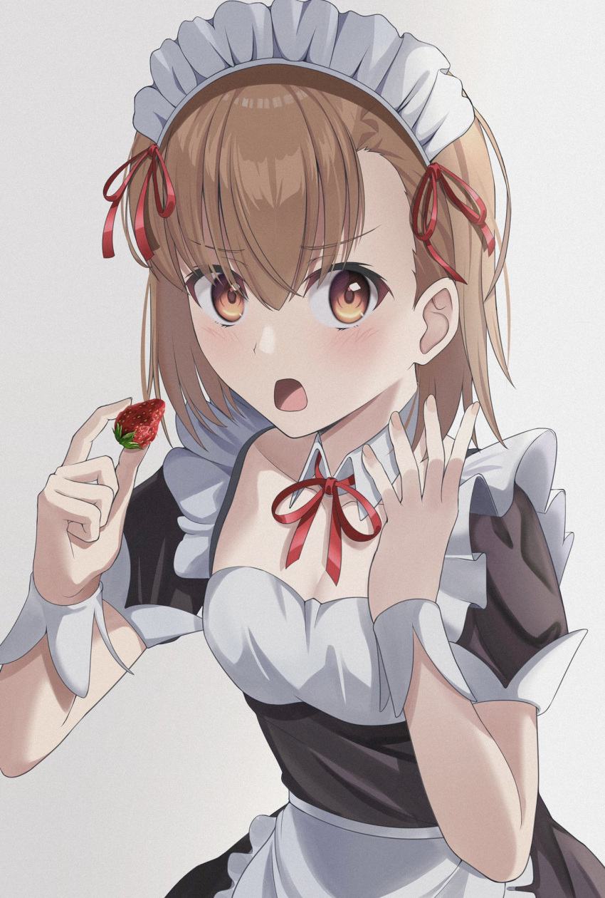 1girl, alternate_costume, apron, black_dress, blush, brown_eyes, brown_hair, cowboy_shot