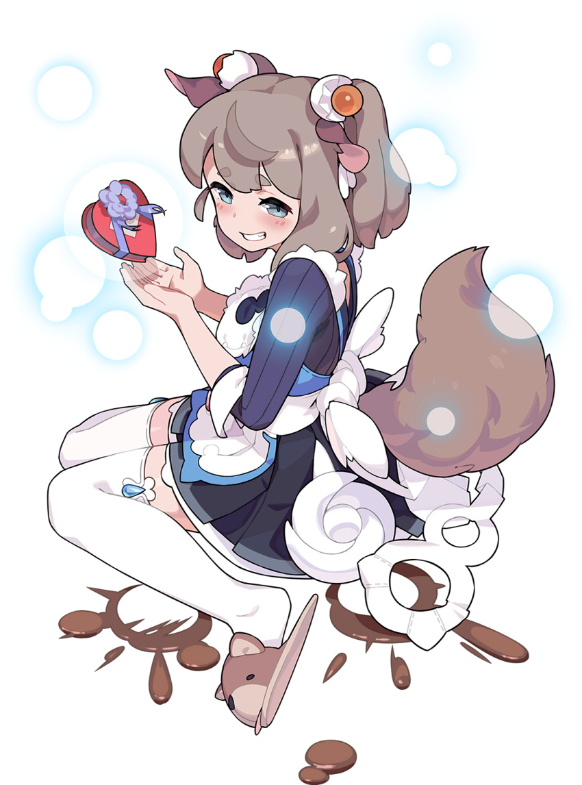 1girl, animal_ears, animal_slippers, apron, artist_request, back_bow, bangs, black_shirt