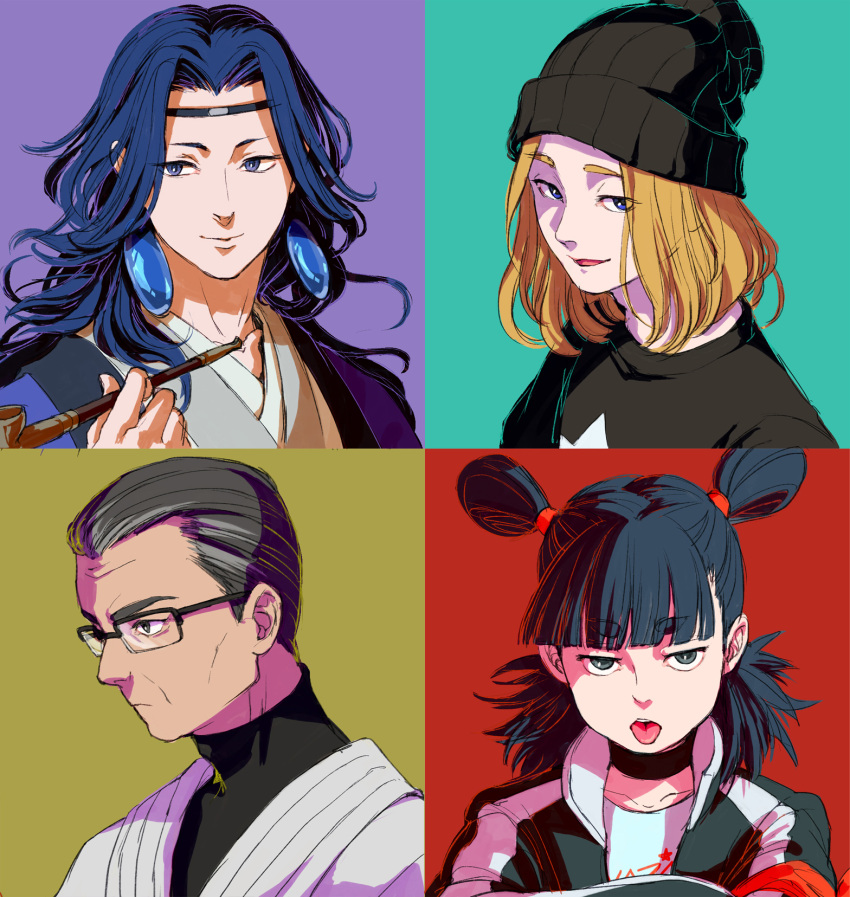 4boys, a'he_(the_legend_of_luoxiaohei), aqua_background, bangs, beanie, black_hair, black_headwear, black_shirt, blonde_hair, blue_eyes, blue_hair, blunt_bangs, double_bun, earrings, glasses, grey_eyes, grey_hair, hand_up, hat, highres, holding, holding_pipe, jacket, jewelry, lanxi_zhen, laojun_(the_legend_of_luoxiaohei), long_hair, medium_hair, micho, multiple_boys, nezha_(the_legend_of_luoxiaohei), pan_jing_(the_legend_of_luoxiaohei), pipe, purple_background, red_background, shirt, short_hair, the_legend_of_luo_xiaohei, tongue, tongue_out, yellow_background