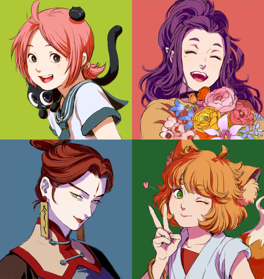 1boy, 4girls, animal_ears, black_cat, black_eyes, blue_flower, bracelet, cat