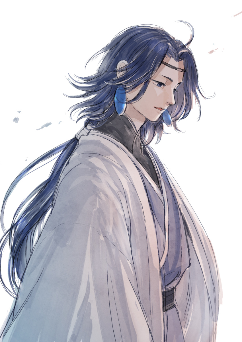 1boy, absurdres, blue_hair, earrings, highres, jewelry, lanxi_zhen, laojun_(the_legend_of_luoxiaohei)