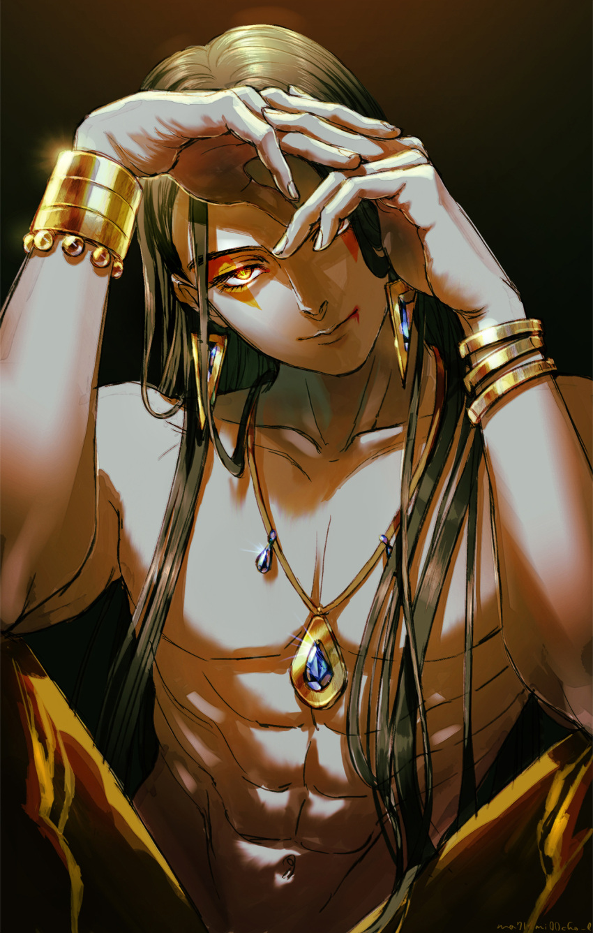 1boy, abs, arms_up, black_background, black_hair, bracelet, earrings, facial_mark