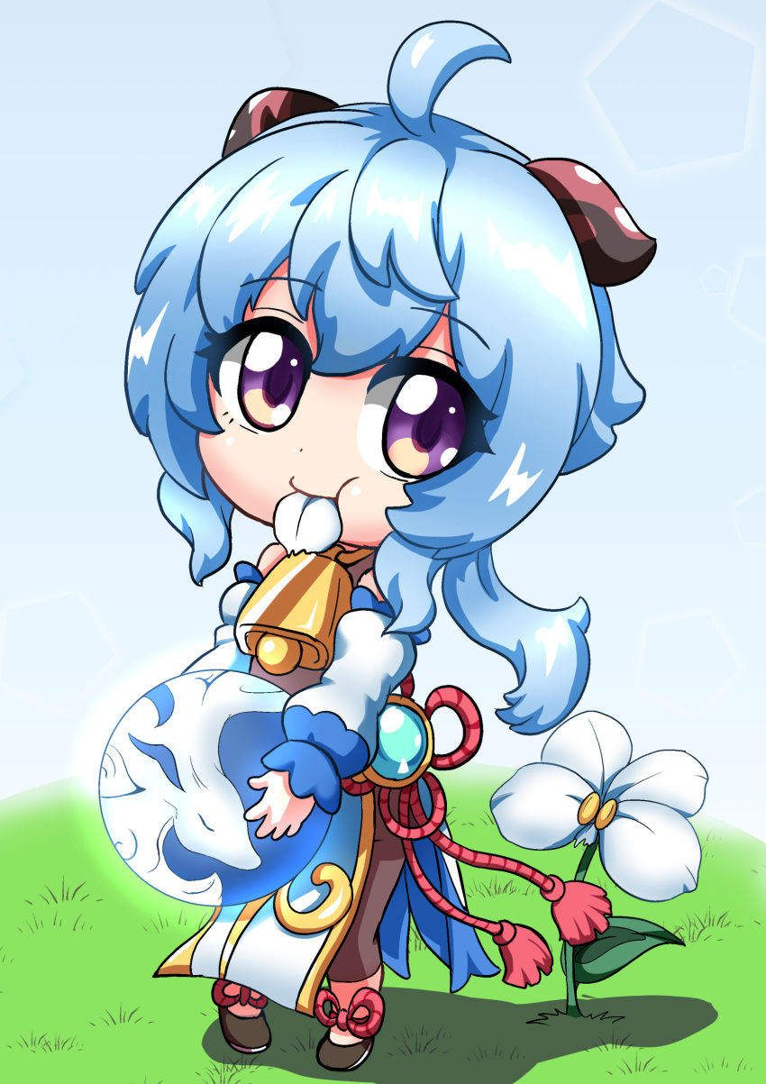 1girl, absurdres, atawatsho, bangs, bell, black_legwear, blue_hair, carrying
