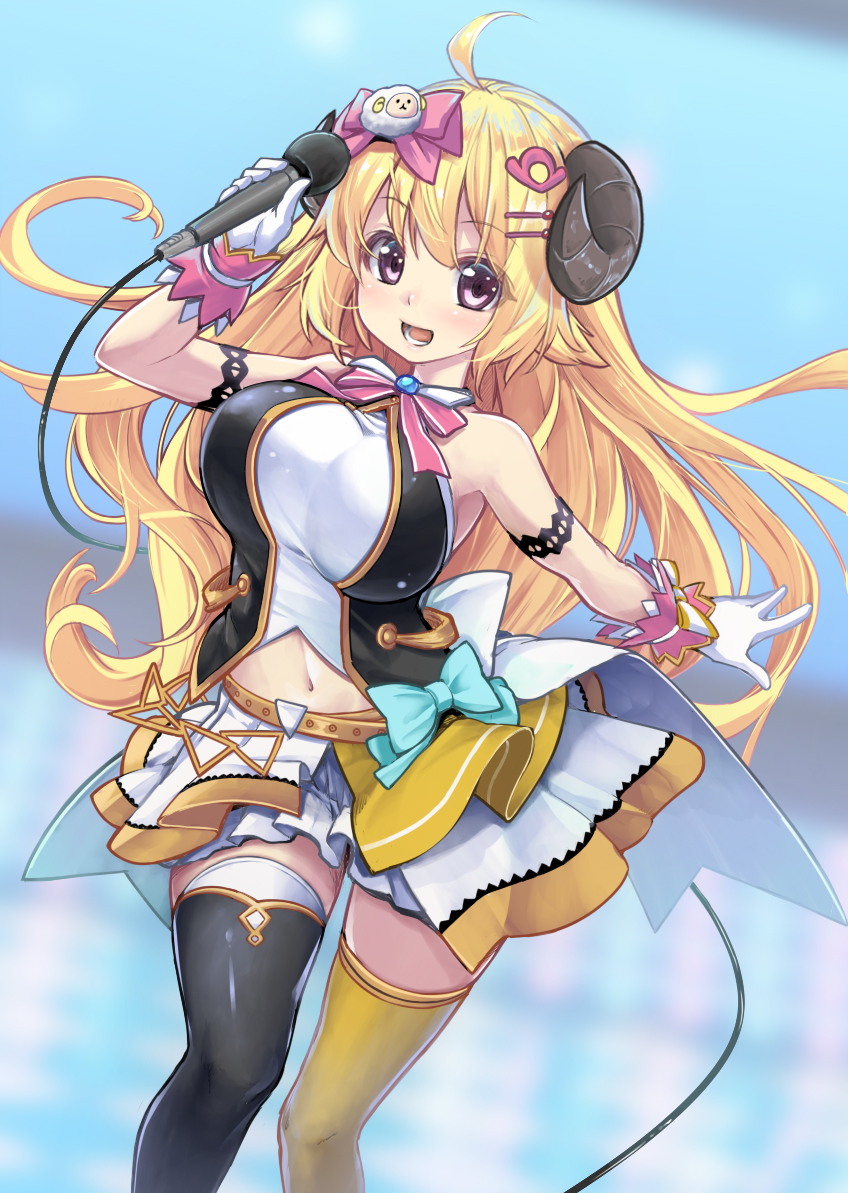 1girl, :d, ahoge, animal_ears, armlet, bare_shoulders, black_legwear, blonde_hair