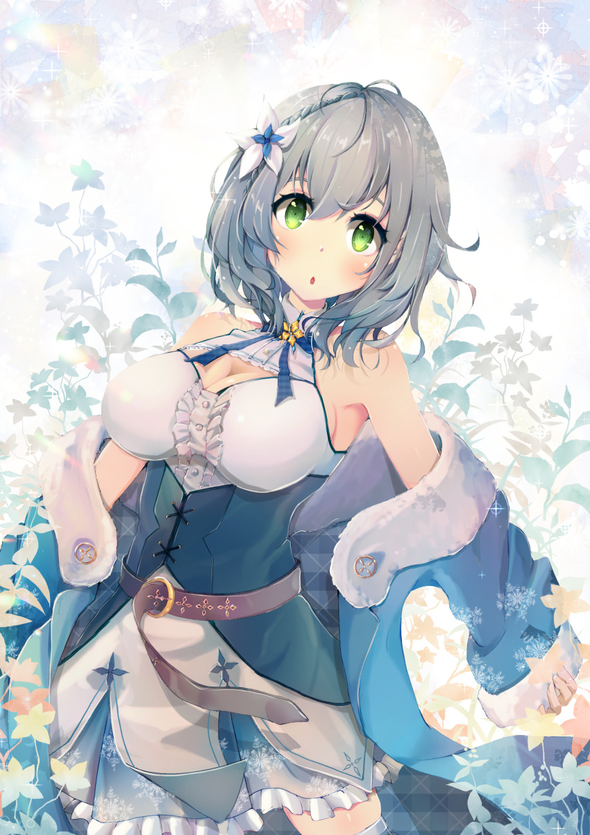 1girl, :o, absurdres, ahoge, bangs, bare_shoulders, belt, black_corset