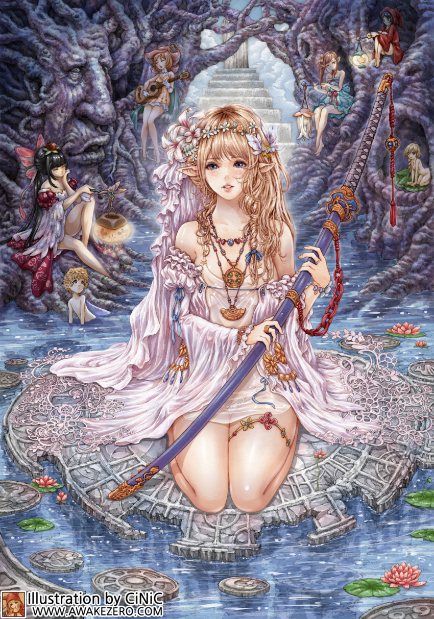 blonde_hair, blue_eyes, fantasy, flower, full_body, hair_flower, hair_ornament, highres