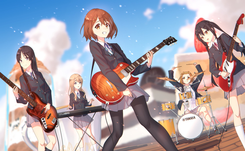 5girls, absurdres, akiyama_mio, bangs, black_eyes, black_hair, black_legwear, blazer, blonde_hair, blue_jacket, blue_neckwear, blue_sky, blunt_bangs, blurry, blurry_background, brown_eyes, brown_hair, cake, closed_mouth, clouds, collared_shirt, commentary, day, drum, drumsticks, eyebrows_behind_hair, feet_out_of_frame, food, grey_skirt, guitar, hair_between_eyes, hair_ornament, hairband, hairclip, highres, hime_cut, hirasawa_yui, instrument, jacket, k-on!, keyboard_(instrument), kneehighs, korg, kotobuki_tsumugi, long_hair, long_sleeves, looking_at_another, looking_at_viewer, looking_to_the_side, multiple_girls, nakano_azusa, neck_ribbon, open_clothes, open_jacket, open_mouth, outdoors, oversized_food, pantyhose, pleated_skirt, red_neckwear, ribbon, sakuragaoka_high_school_uniform, school_uniform, shirt, short_hair, sidelocks, sitting, skimun, skirt, sky, smile, standing, tainaka_ritsu, teeth, thick_eyebrows, twintails, upper_body, white_shirt, yamaha