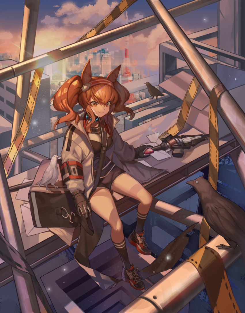 1girl, angelina_(arknights), animal_ears, arknights, bag, bird, brown_eyes, brown_hair