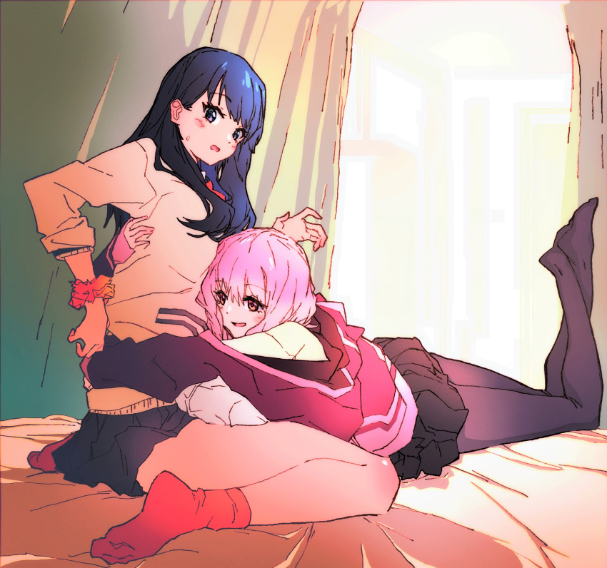 2girls, absurdres, bangs, black_hair, black_legwear, bloom_into_me15, blush, brown_eyes