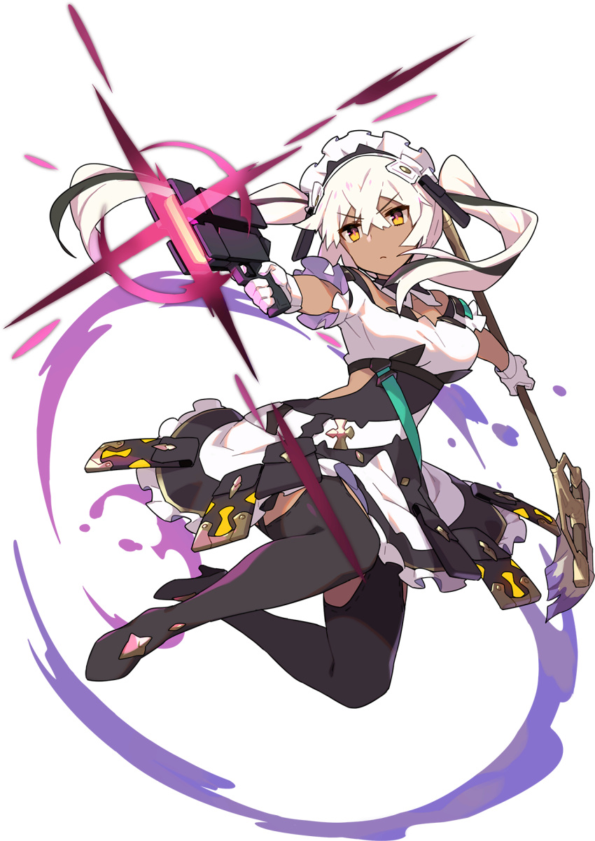 1girl, arms_up, artist_request, bangs, bare_shoulders, black_footwear, black_hair, black_ribbon, boots, breasts, closed_mouth, collarbone, crossed_bangs, dark-skinned_female, dark_skin, detached_collar, dress, energy_gun, eyebrows_visible_through_hair, finger_on_trigger, firing, frilled_dress, frills, full_body, gloves, glowing, gun, hair_ribbon, handgun, high_heels, highres, holding, holding_gun, holding_mop, holding_weapon, jumping, legs_up, liquid, long_hair, maid, maid_headdress, marianne_(world_flipper), medium_breasts, mop, multicolored_hair, non-web_source, off-shoulder_dress, off_shoulder, official_art, outstretched_arms, pocket, ribbon, side_cutout, solo, streaked_hair, thigh-highs, thigh_boots, thigh_strap, tied_hair, transparent_background, twintails, v-shaped_eyebrows, weapon, white_gloves, white_hair, world_flipper, yellow_eyes