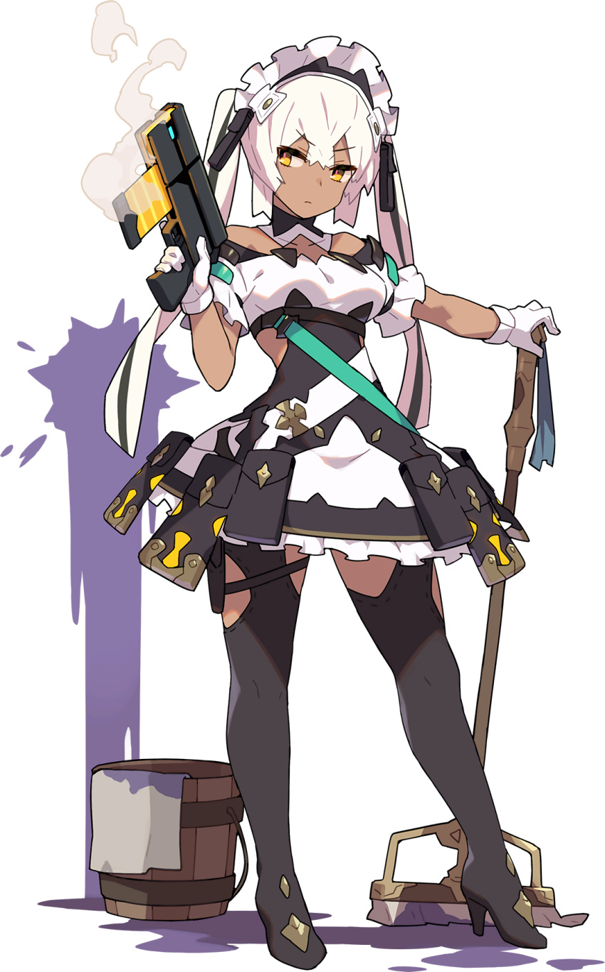 1girl, arm_up, artist_request, bangs, bare_shoulders, black_footwear, black_hair, black_ribbon, boots, breasts, bucket, closed_mouth, cloth, collarbone, crossed_bangs, dark-skinned_female, dark_skin, detached_collar, dress, energy_gun, eyebrows_visible_through_hair, frilled_dress, frills, full_body, gloves, glowing, gun, hair_ribbon, half-closed_eyes, hand_up, handgun, high_heels, highres, holding, holding_gun, holding_mop, holding_weapon, legs_apart, liquid, long_hair, looking_to_the_side, maid, maid_headdress, marianne_(world_flipper), medium_breasts, mop, multicolored_hair, non-web_source, off-shoulder_dress, off_shoulder, official_art, outstretched_arm, pocket, ribbon, side_cutout, smoke, smoking_gun, solo, splatter, standing, streaked_hair, thigh-highs, thigh_boots, thigh_strap, tied_hair, transparent_background, trigger_discipline, twintails, v-shaped_eyebrows, weapon, white_gloves, white_hair, world_flipper, yellow_eyes