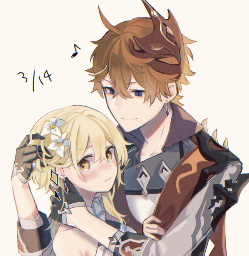 1boy, 1girl, ahoge, bare_shoulders, blonde_hair, blue_eyes, blush, coat
