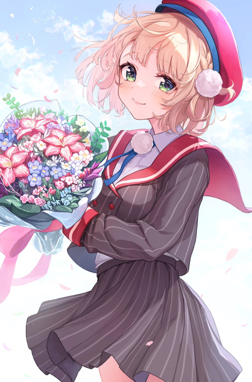 1girl, beret, blonde_hair, blush, bouquet, braid, buttons, closed_mouth