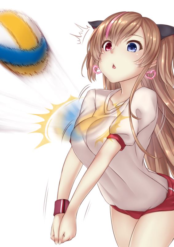 1girl, blue_eyes, breasts, buruma, chestnut_mouth, girls_frontline, gym_uniform, heterochromia, long_hair, medium_breasts, mk23_(girls_frontline), multicolored_hair, red_eyes, solo, streaked_hair, very_long_hair, volleyball, yui_hiroshi