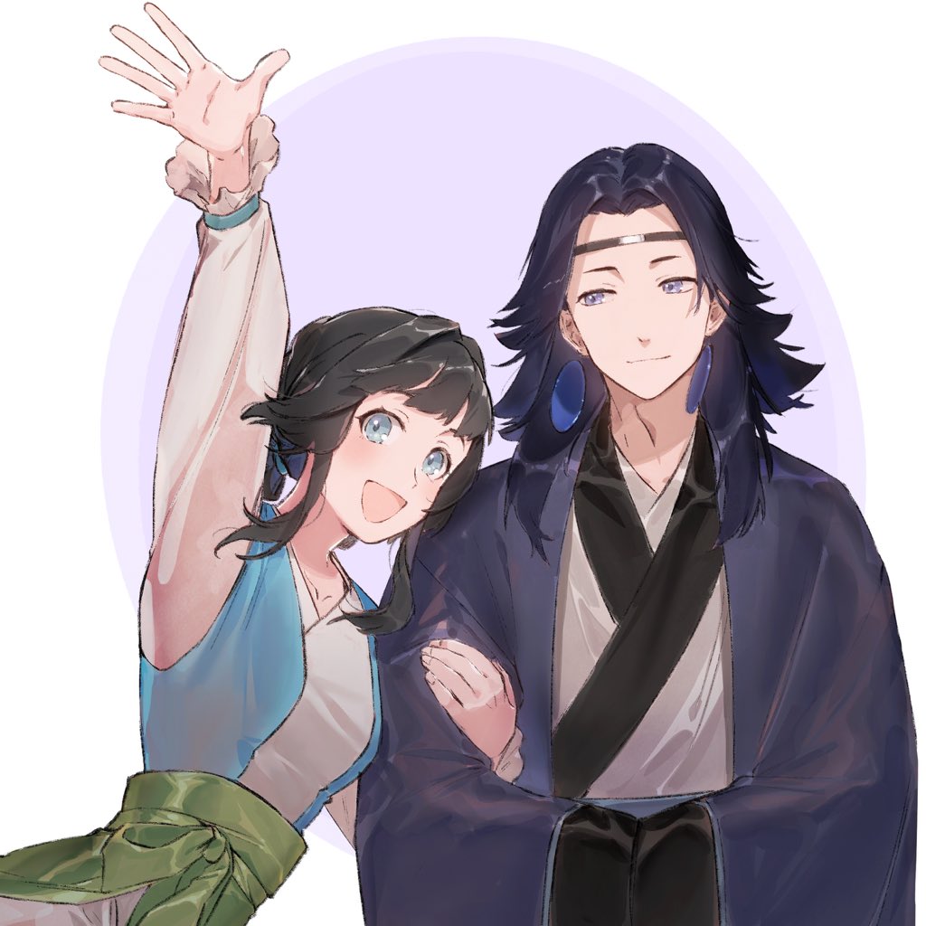 1boy, 1girl, arm_up, bangs, black_hair, blue_eyes, blue_hair, blush