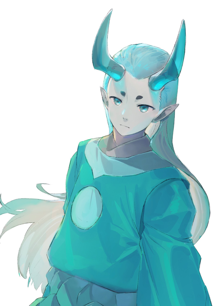 1boy, aqua_eyes, aqua_horns, expressionless, gihuta_hiroshi, highres, long_hair, long_sleeves