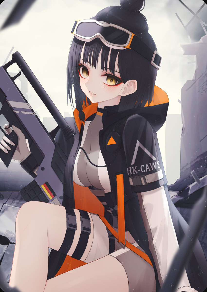 1girl, absurdres, black_hair, breasts, caws_(girls_frontline), eyeliner, german_flag, girls_frontline